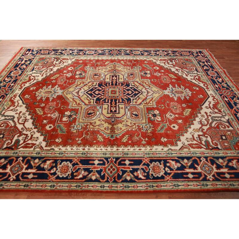 Hand Knotted Oriental 100% Wool Carpet Traditional Medallion Oranges & Rust Heriz (serapi) Area Rug - 10' 0'' X 7' 10''