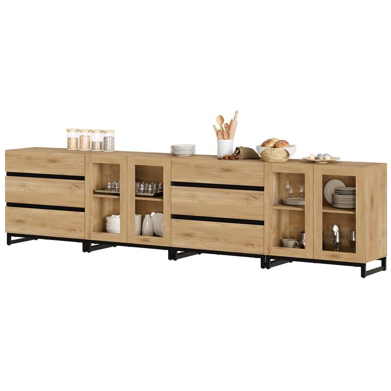 Modern Sideboard with Adjustable Shelves and 6 Drawers, 4 in 1 Storage Cabinet with Glass Doors, Coffee Bar Cabinet for Kitchen