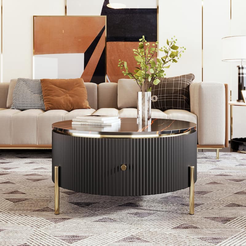 Accent Table Round Coffee Table with Metal Legs, Modern Center Table Black End Table Console Table with Drawer