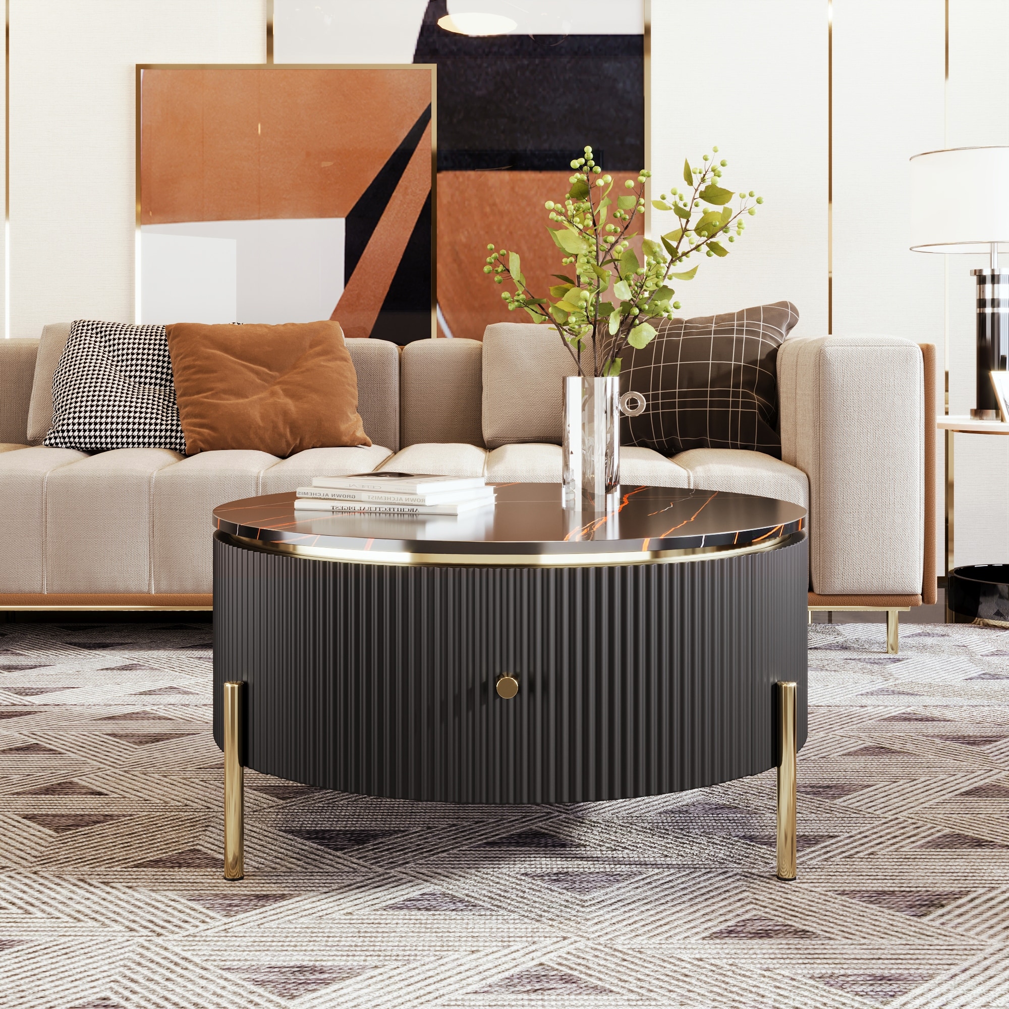 Modern Round Coffee Table with 2 large Drawers Storage Accent Table, 31.5"