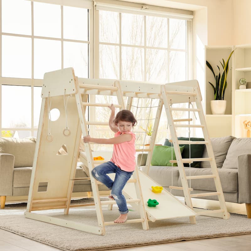 EROMMY 8-in-1 Wooden Climbing Gym for Kids - Indoor Playground Set with Slide, Monkey Bars, Climbing Wall, Wood & Rope Ladder