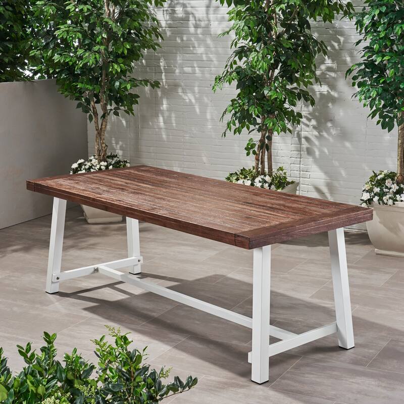 Roomfitters Modern Outdoor Dining Table with Wood Top and Black Powder-Coated Frame for Patio or Garden