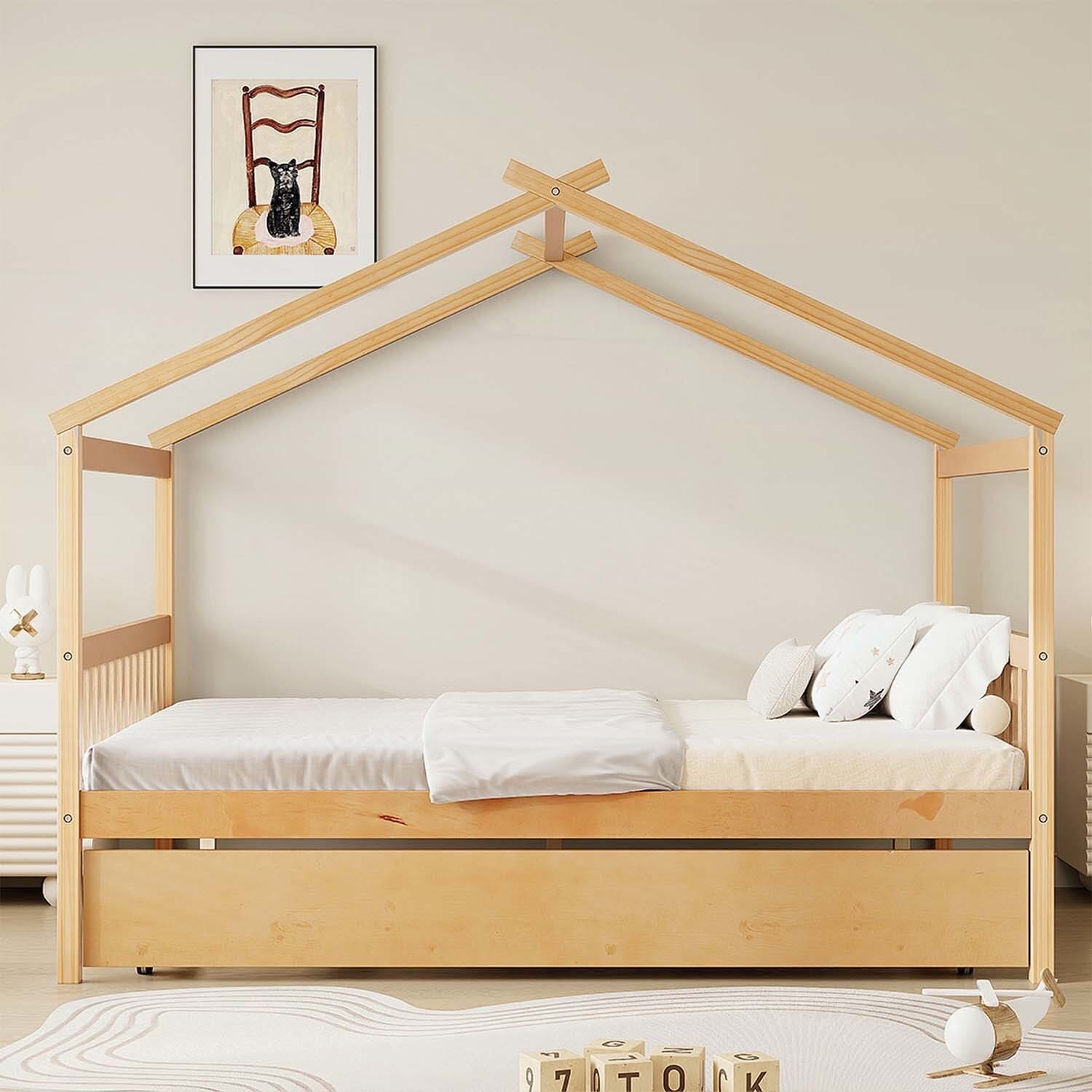 Classic House Bed with Trundle,Durable and Space-Saving