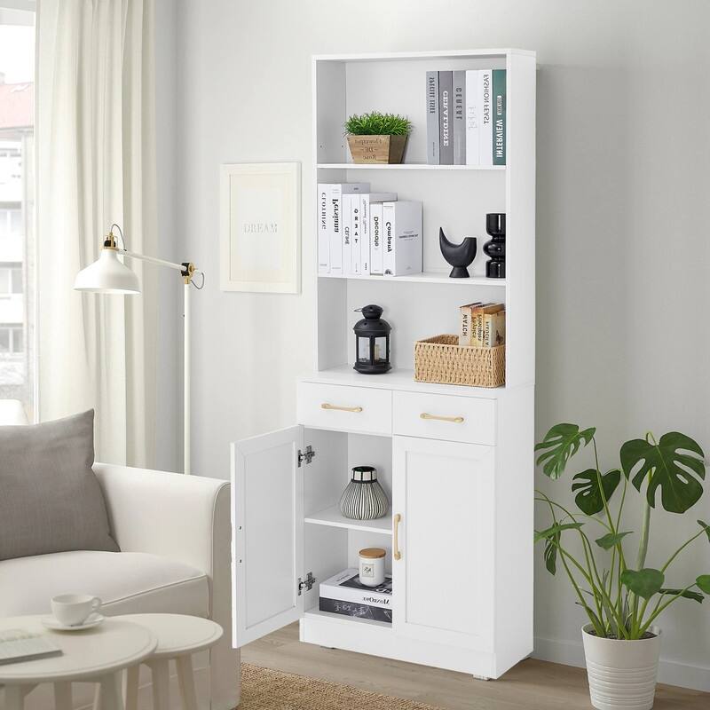 Bookshelf with Two Doors and Drawers, Adjustable Shelf, Three-layer Open Shelf - White