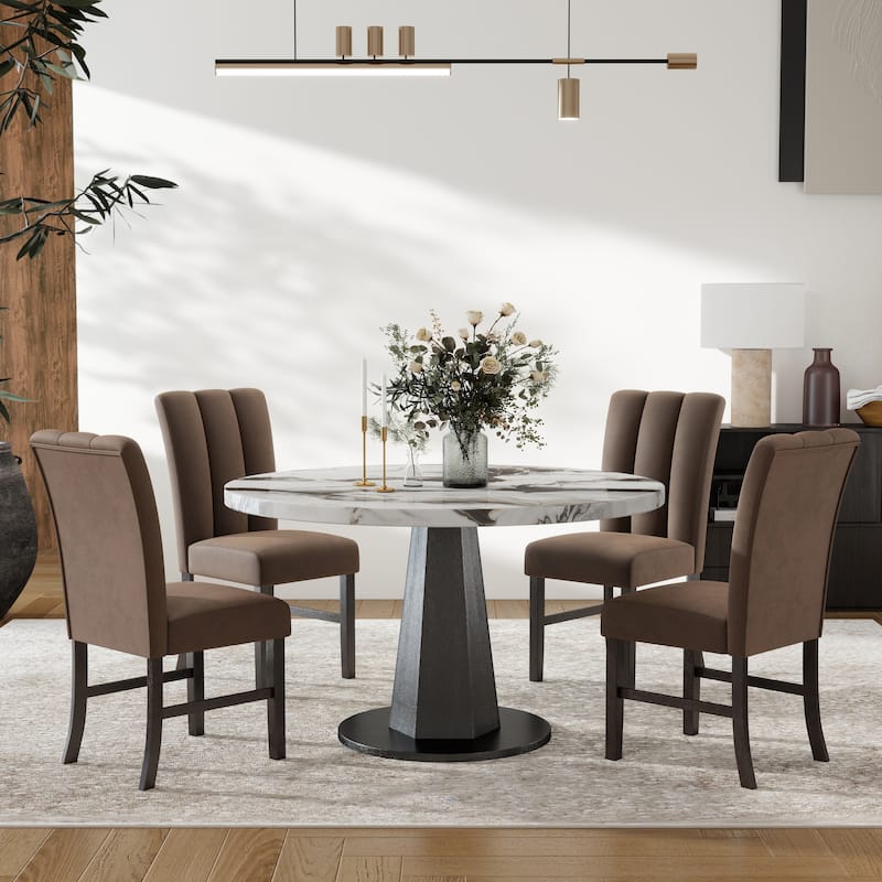 Roundhill Furniture Cavira 5-Piece Modern Dining Set, Round Faux Marble Dining Table with Four Chairs