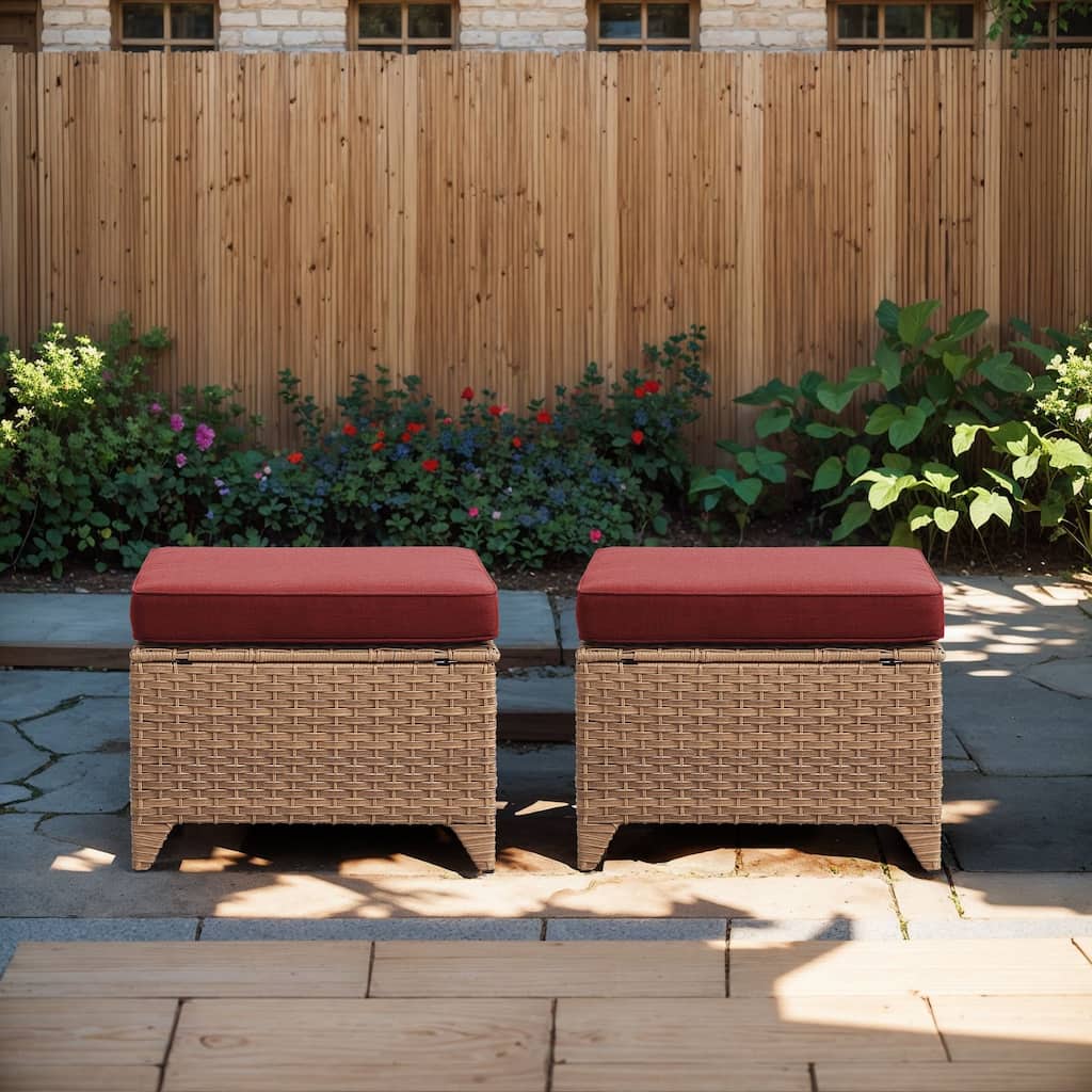 Outdoor Patio Footstool Ottomans with Cushion Yellow-Red - Yellow