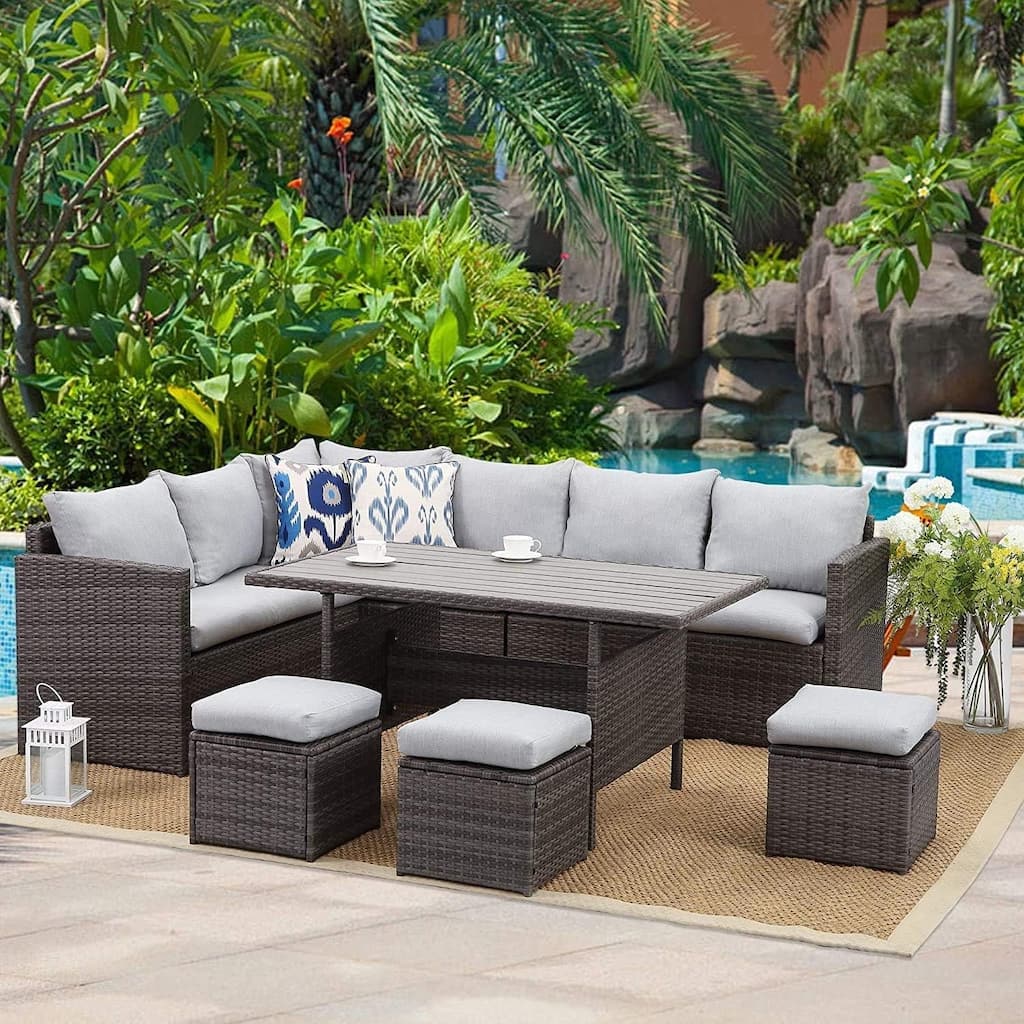 Outdoor Patio Furniture Set, 7 Piece Outdoor Dining Sectional Sofa with Dining Table and Chair