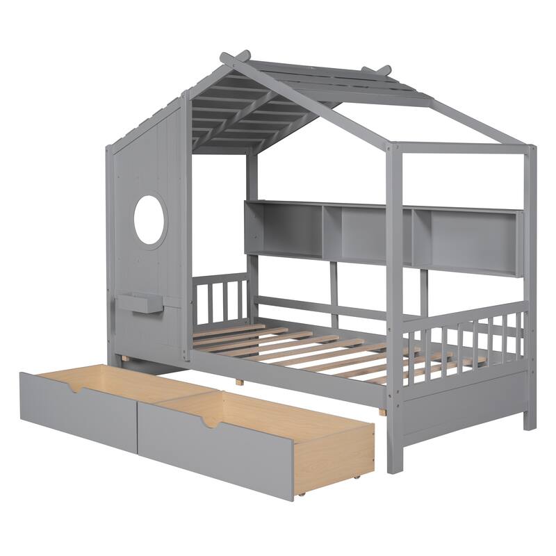 Twin Size House Bed with Storage Drawers and Shelf, Gray Kids Playhouse Bed