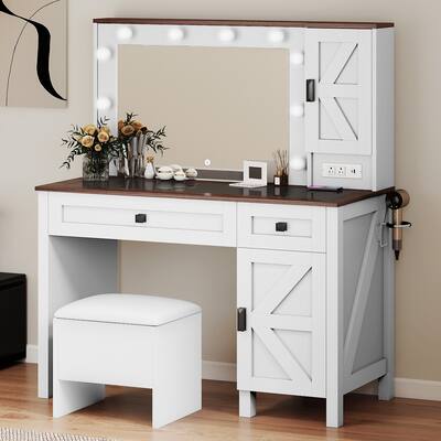 Moasis Farmhouse Makeup Vanity Desk Set with Mirror and Lights, Charging Station and Storage Stool