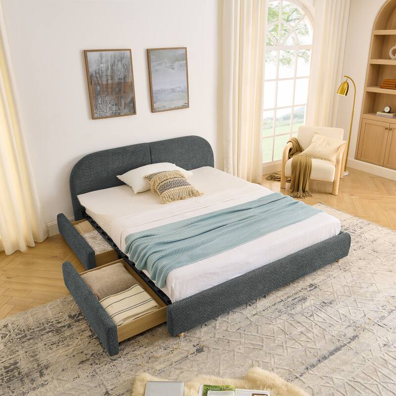 Queen Size Upholstered Bed Frame Modern Minimalist Style - Circle Yarn Fabric, Tall Curved Headboard