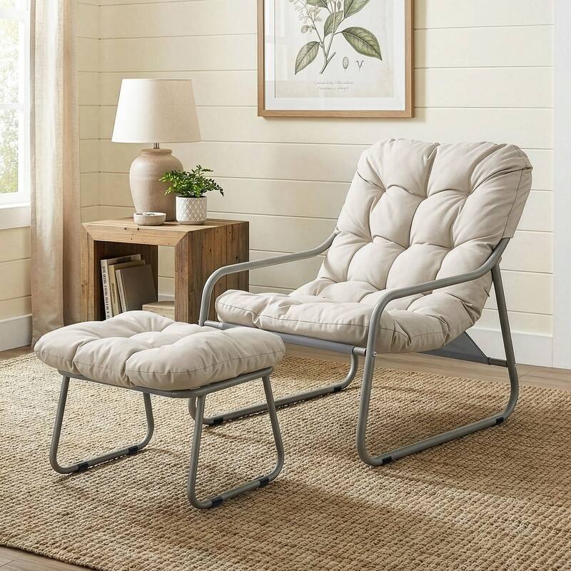 Modern Indoor/Outdoor Lounge Chair and Ottoman with Thick Cushion for Living Room - Beige