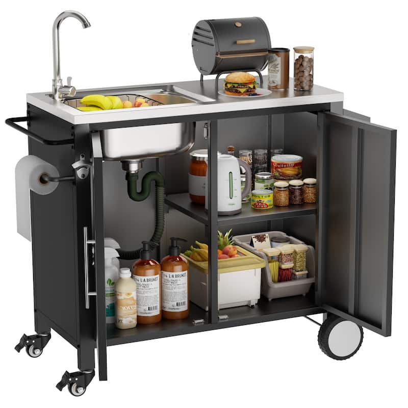 Outdoor Grill Table with Sink, Grill cart with 304 Stainless Steel Sink and Cabinet, Outdoor Grill cart,Outdoor cart