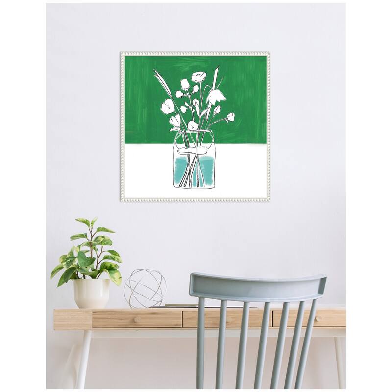 Kate and Laurel Sylvie Minimalist Floral Vase with Green Framed Canvas by Teju Reval