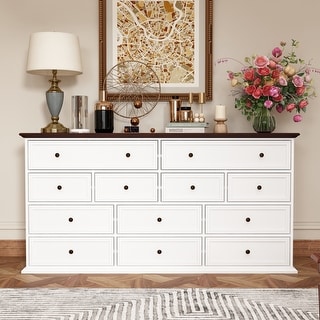 Versatile 12-Drawer Solid Wood Dresser - Brown & White Chest Of