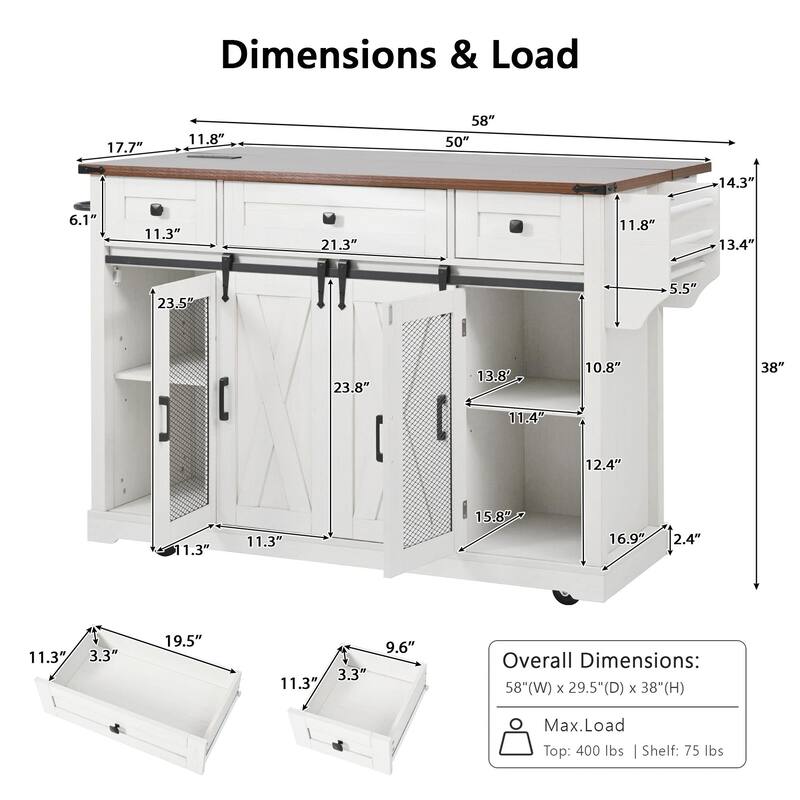 58-inch Farmhouse Kitchen Island with Storage, Sliding Barn Door & Metal Grid Side Door