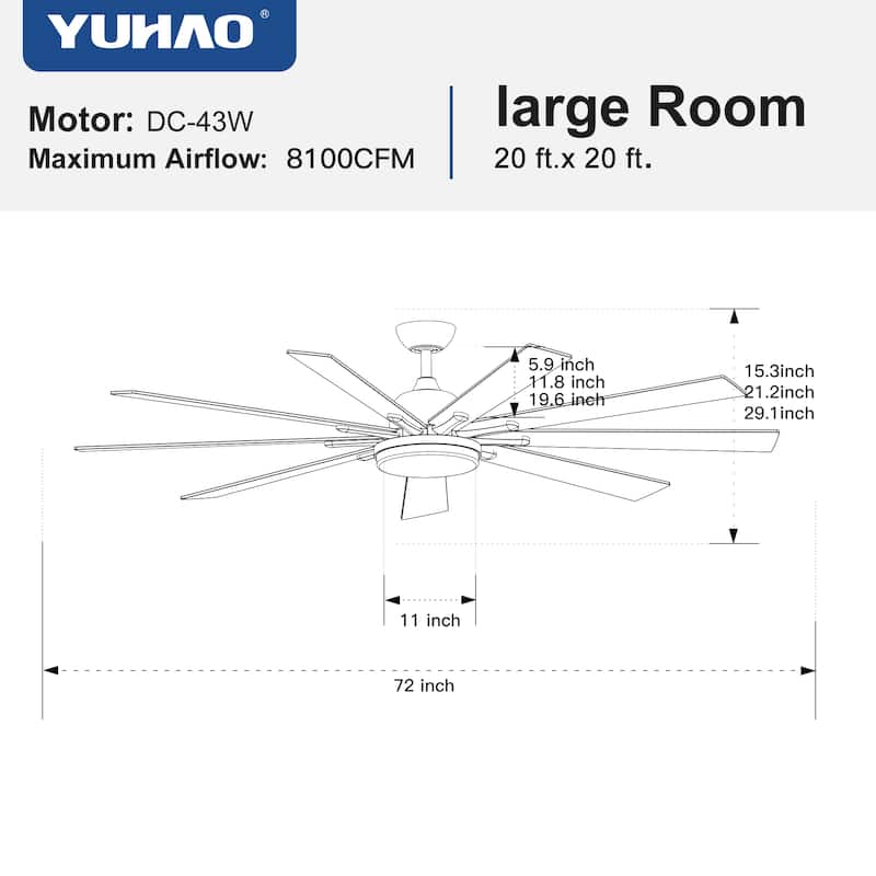 52"/66"/72"/76 Inch Modern Ceiling Fan with Dimmable LED Light ,Remote&APP Control,8 Blades for Large Living Room,Porch