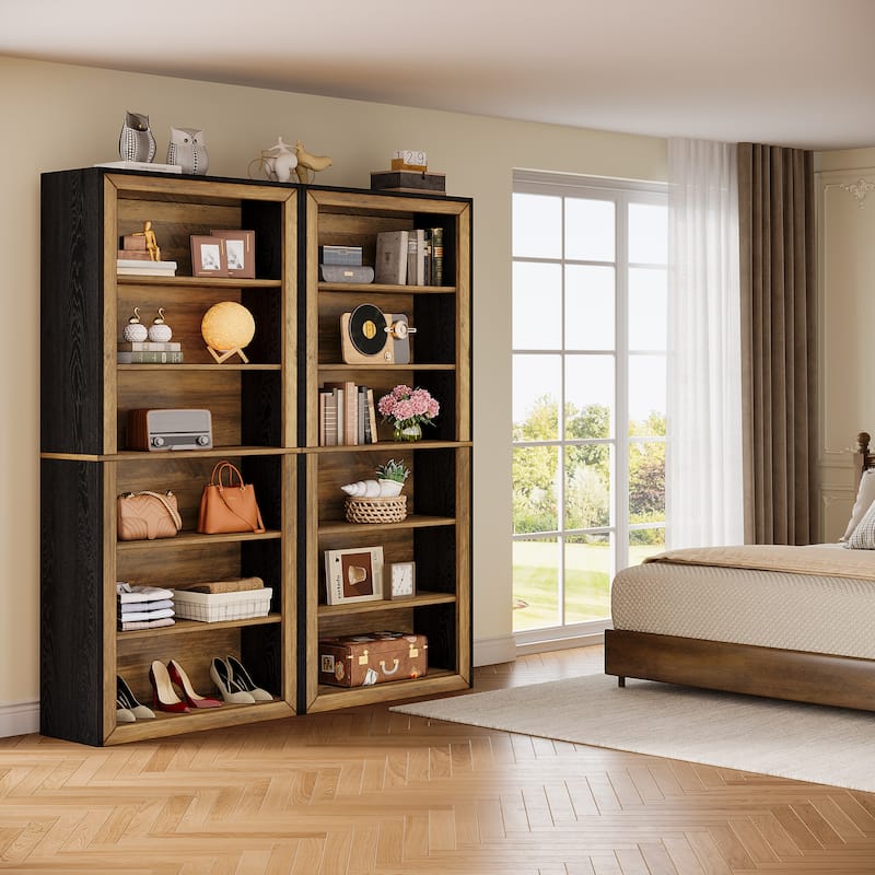 74.4'' Tall Bookcase with Storage Shelves, 6-Tier Wood Bookshelf (Set of 2) - Brown