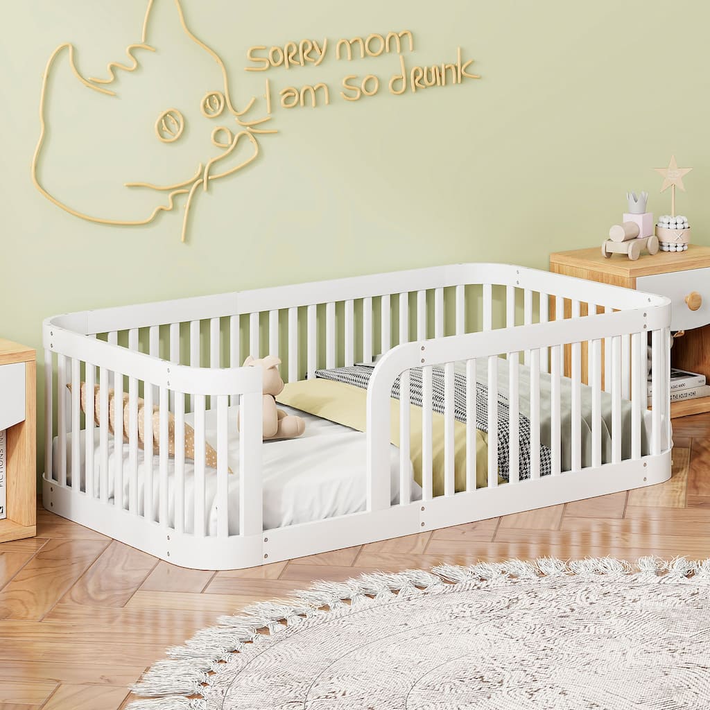 Toddler Floor Bed Wood Bed Frame with Without Slats and Rounded Corners Design, Kids Bed with Safety Fence for Boys Girls