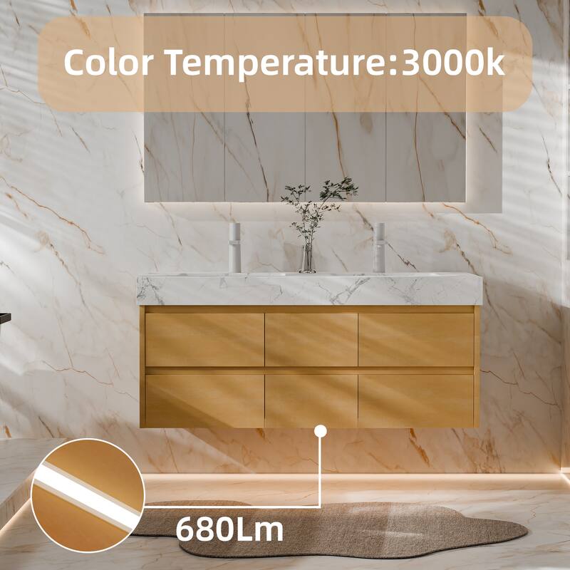 Modland 48" Wall-Mount Double Vanity with LED Lights & 6 Soft-Close Drawers - Engineered Stone Top, Maple Finish - 48 inch