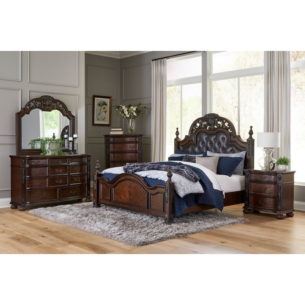 Formal Traditional Cherry Finish 4pc Bedroom Set Button-Tufted Bed