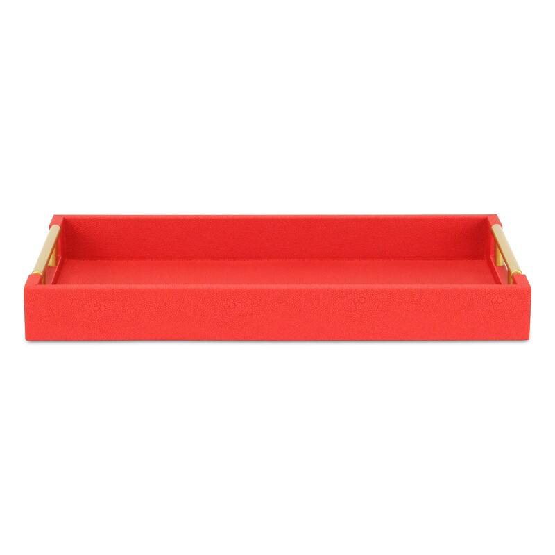 HomeRoots 16" Red Wood and Vinyl Faux Shagreen Handmade Serving Tray With Handles