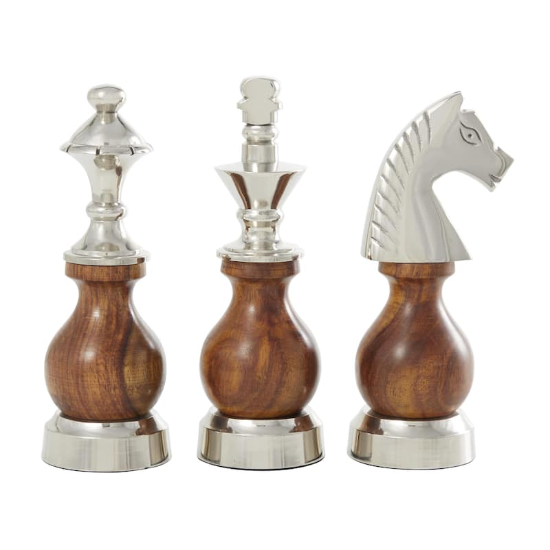 Aluminum Metal Chess King, Knight, Bishop Sculpture - Set of 3 Brown or Grey - Roche River Decor