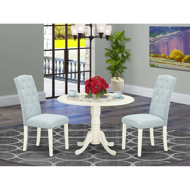 HomeStock 3-Pc Linen white Solid Wood Top - Round Dining Room Set with Dropleaf - Seats 4