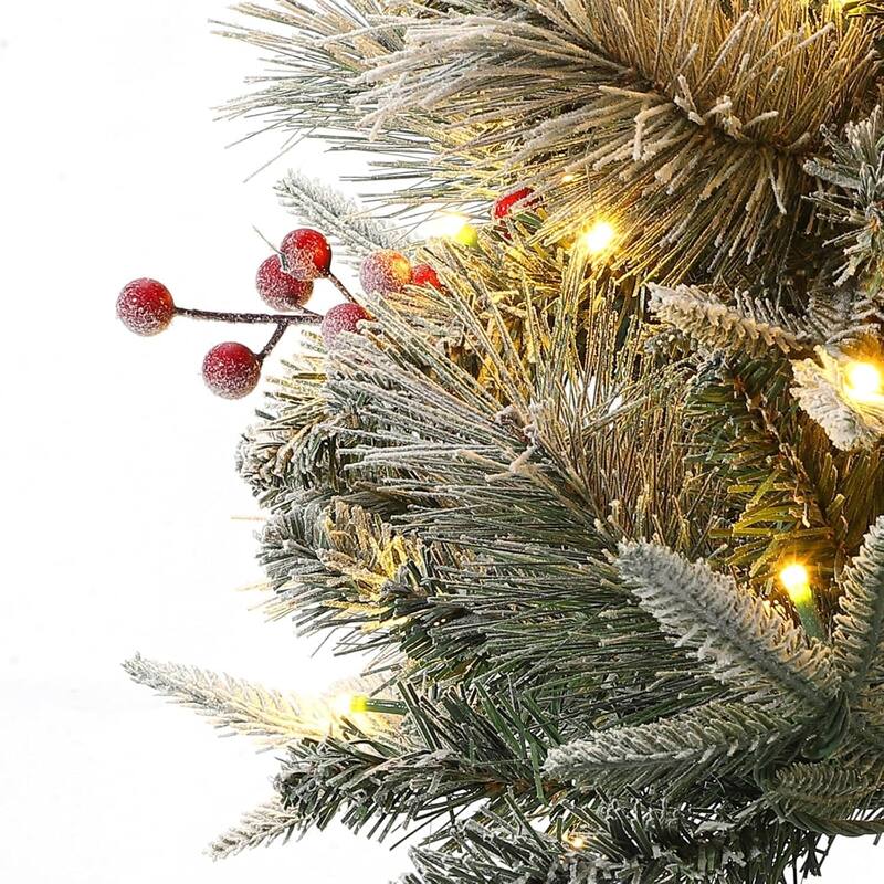 4.5 Ft Artificial Christmas Tree with 200 Warm White LED Lights and Red Berries Potted Base Holiday Xmas Tree