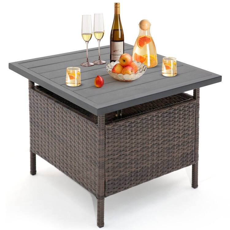 Patio Square Wicker Side Table with Umbrella Hole for Yard Garden Poolside - 22"x 22"x 18.5”(L x W x H)