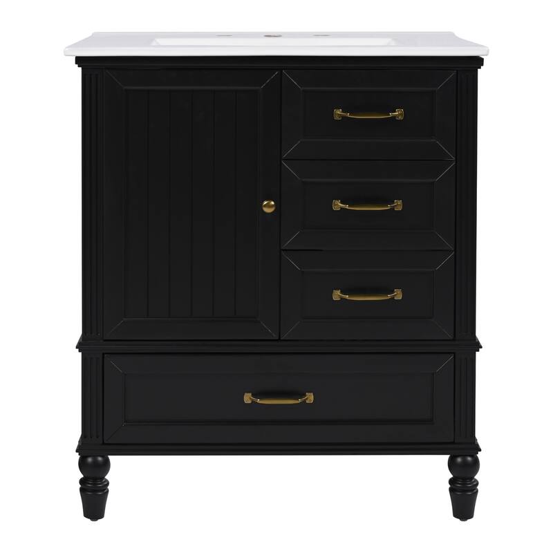30" Bathroom Vanity wCeramic Sink, Cushioning Door & Drawers, Solid Wood Legs & MDF Board, Adiustable Foot Pads Bathroom Cabinet