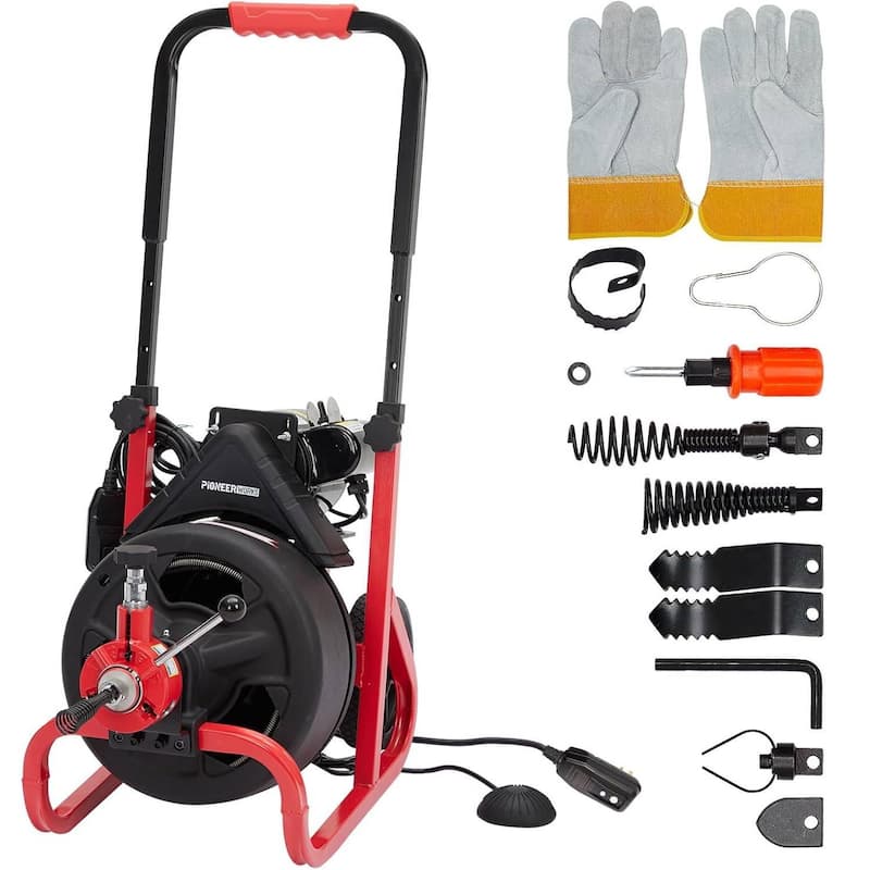 3/8In x 100Ft Heavy Duty Drain Cleaner Machine, Electric Drain Auger for 1-4 Inch Pipes - Red