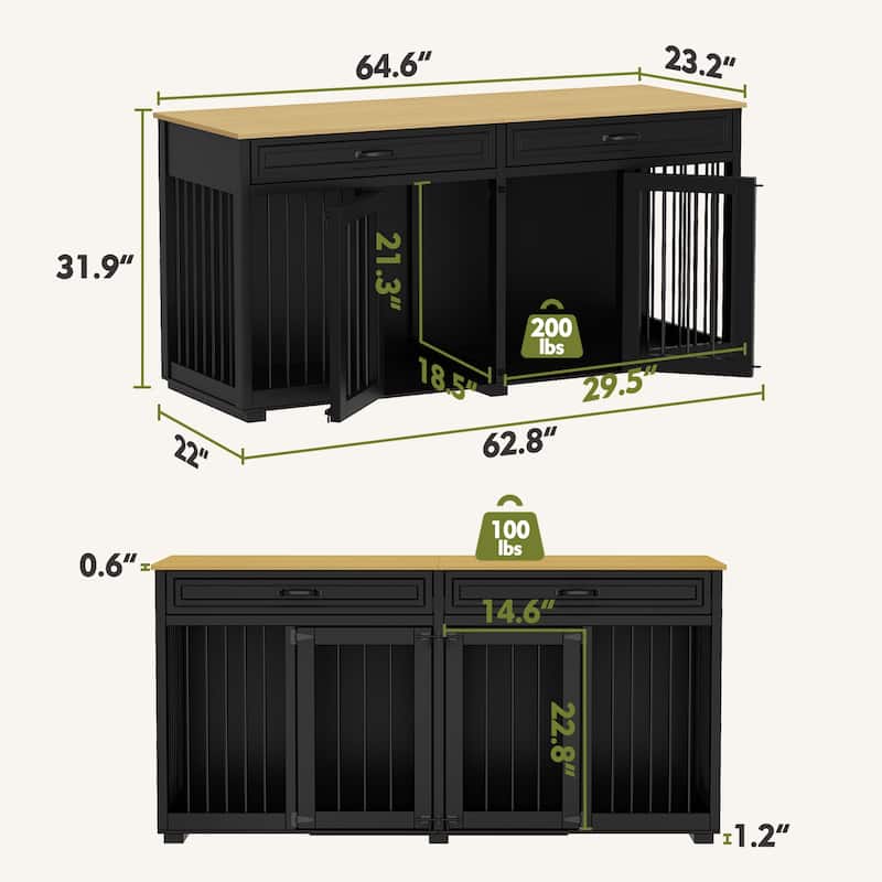 Wooden Double Dog Crate Kennel Furniture with 2 Drawers & Divider