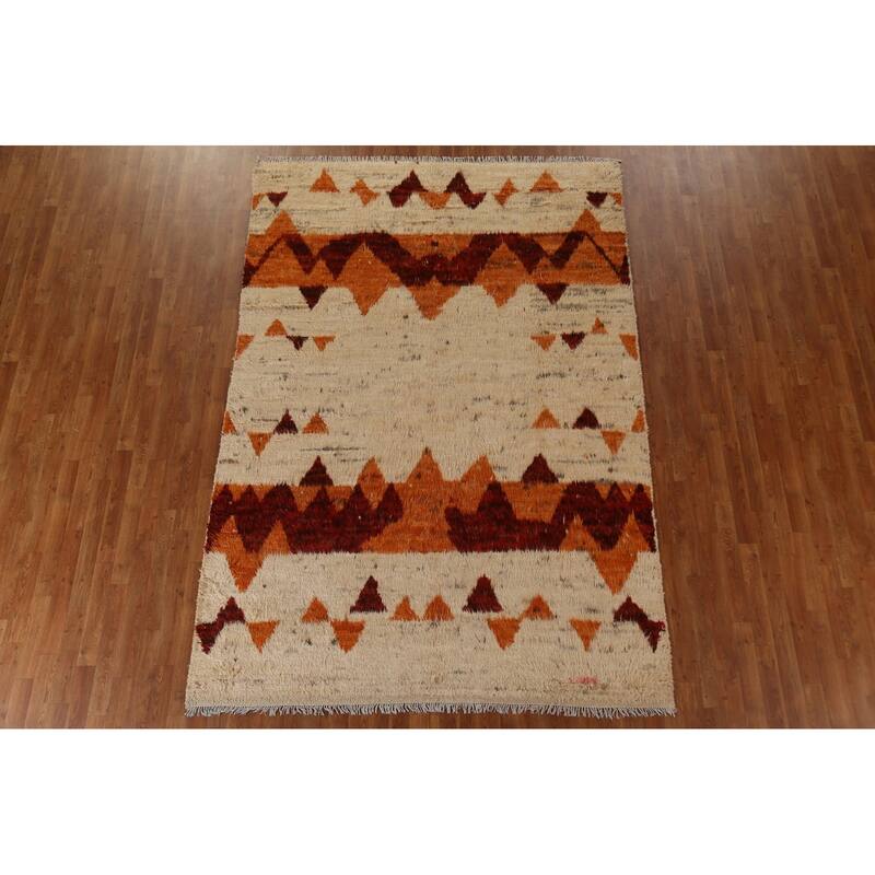Hand Knotted Oriental 100% Wool Carpet Modern Tribal Beige & Ivories Moroccan Area Rug - 9' 8'' X 6' 8''
