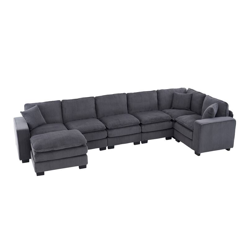 Grey 118.1'' Luxurious U-Shaped 6-Seat Sectional Sofa with Ottoman and 3 Throw Pillows, Durable Corduroy Upholstery