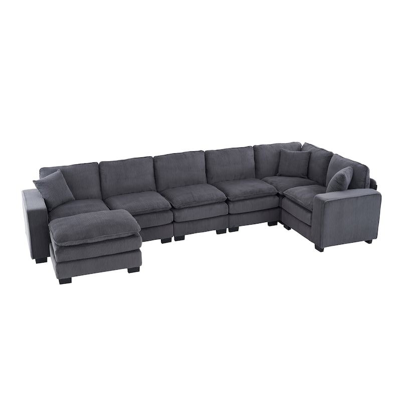 Grey 118.1'' Luxurious U-Shaped 6-Seat Sectional Sofa with Ottoman and 3 Throw Pillows in Durable Corduroy