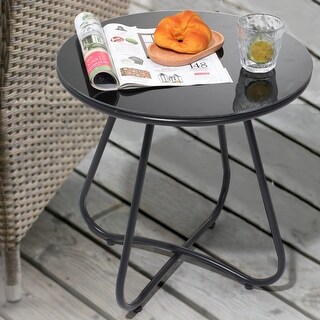 20-Inch Patio Round Steel Side Table with Glass Top