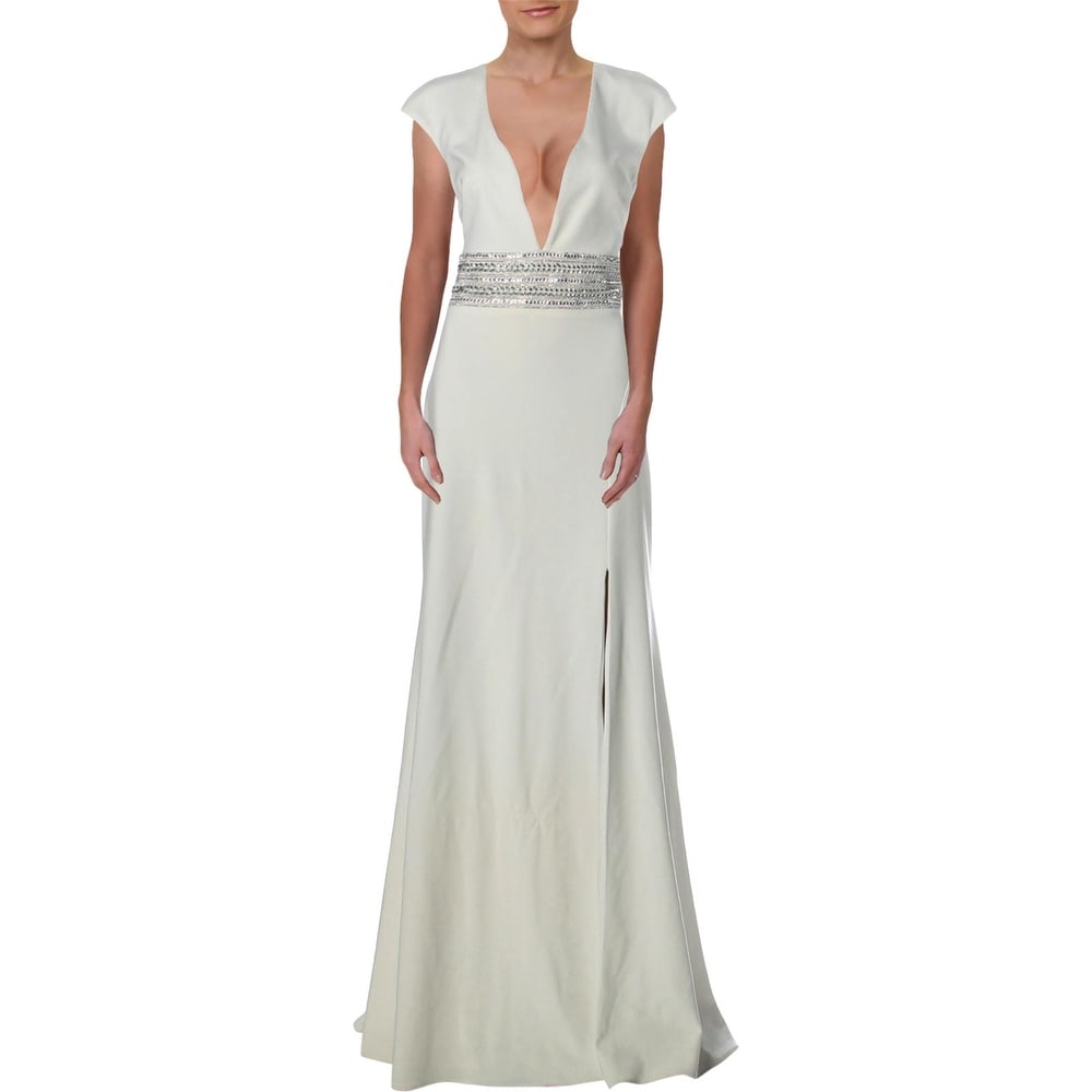 xscape beaded cap sleeve gown