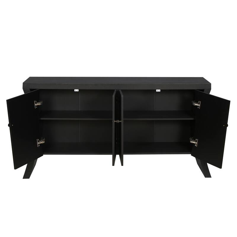 GDFStudio - Industrial 4-Door Credenza with Wooden Arc Legs & Bronze Clasps, Solid Wood Storage Cabinet