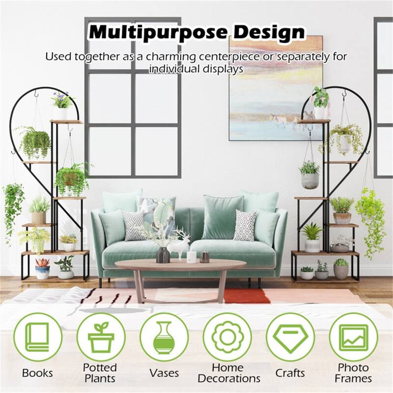 2 Pieces 6-Tier Flower Display Stand with Hooks and Heart-Shaped Plant Shelves for Home Decor - 22" x 11" x 66"