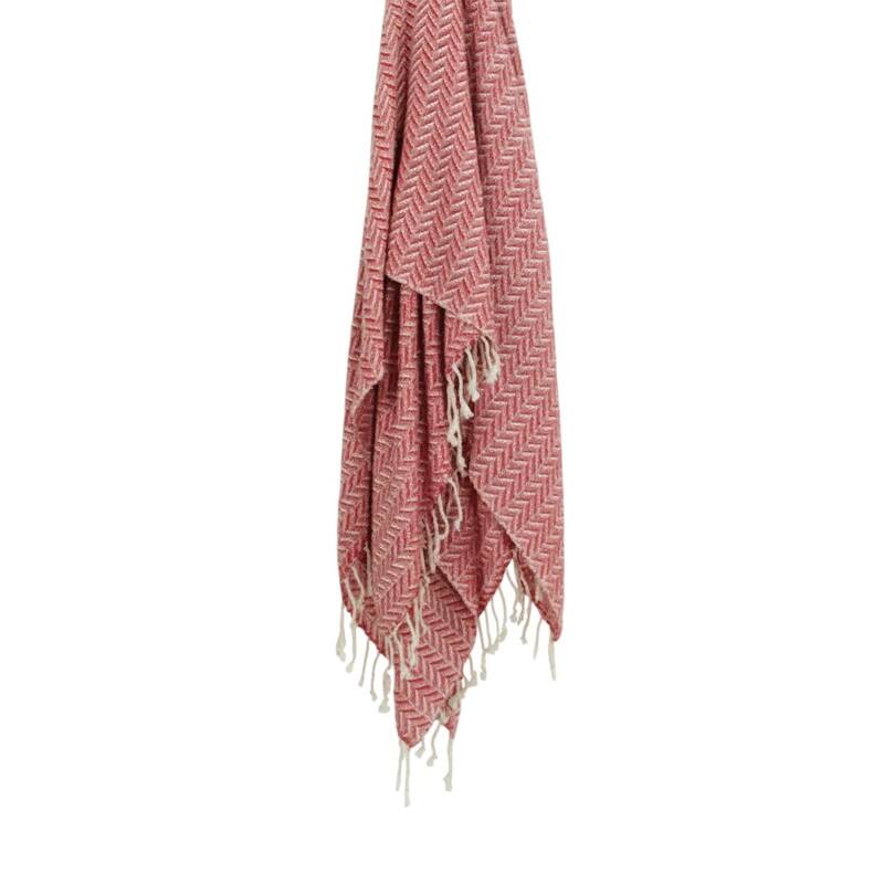 HomeRoots 50" X 60" Red Cotton Woven Chevron Throw Blanket with Fringe