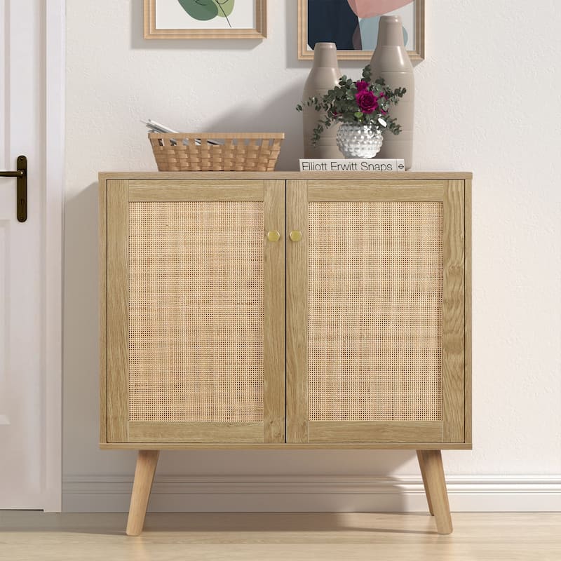 Anmytek 2-Door Farmhouse Wood Rattan Buffet Sideboard Accent Storage Cabinet with Adjustable Shelves