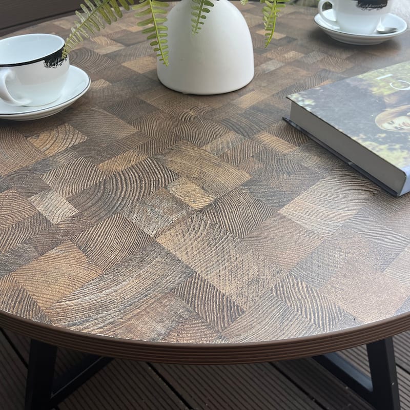 Round Coffee Table Wood Grain and Black Metal