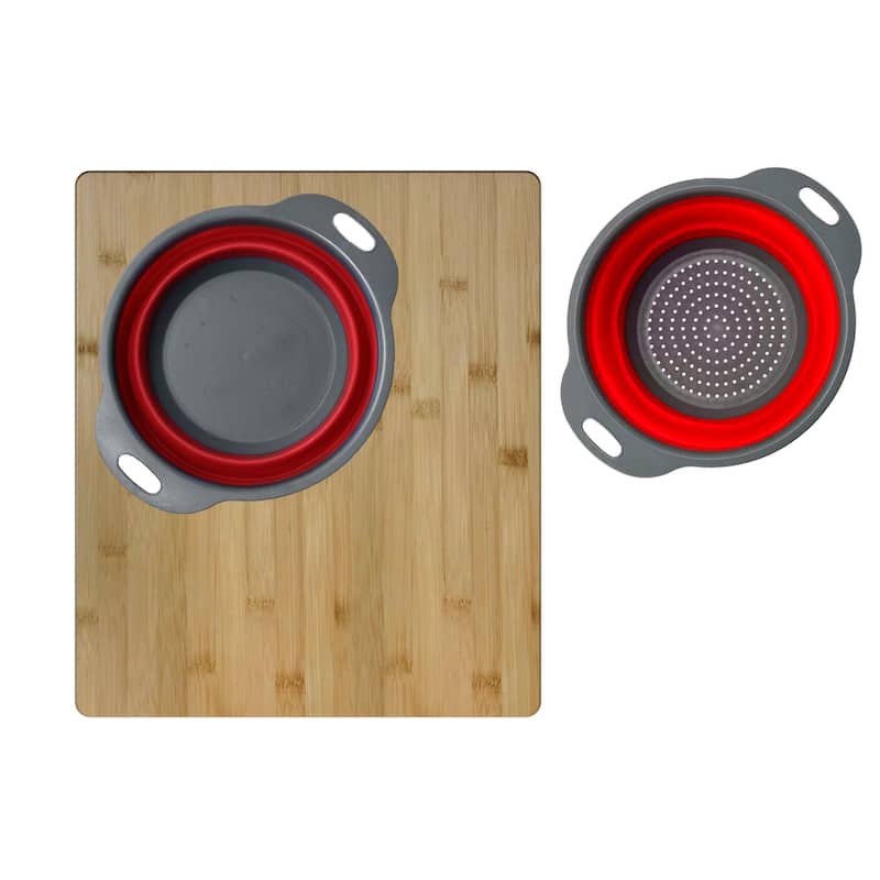 STYLISH Bamboo Over the Sink Cutting Board with Collapsible Bowl and Collander - 15.875" x 18"