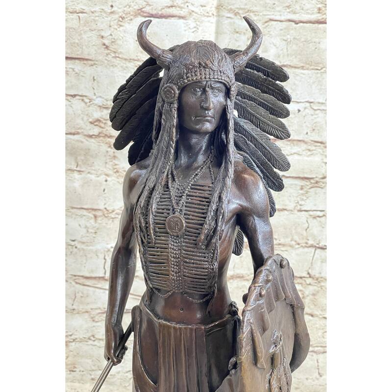 Native American Indian Warrior W/ War Bonnet Bronze Sculpture Statue By P. Manship
