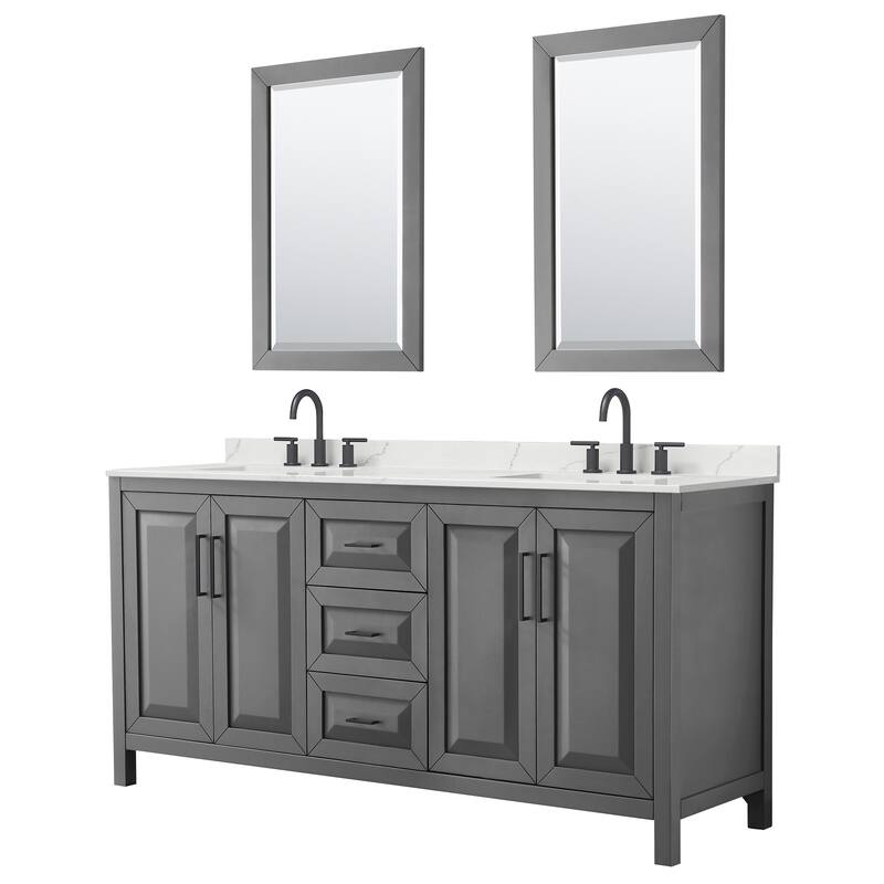 Daria 72-inch Double Vanity, 3 Hole Quartz Top, 24-inch Mirrors - Dark Gray, Black Trim, Giotto Quartz Top