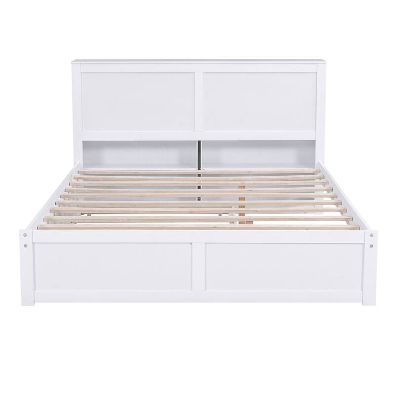 Wooden Storage Platform Bed with Bookcase Headboard, Full/Queen Bed Frame with Twin Size Trundle and Pull Out Shelves