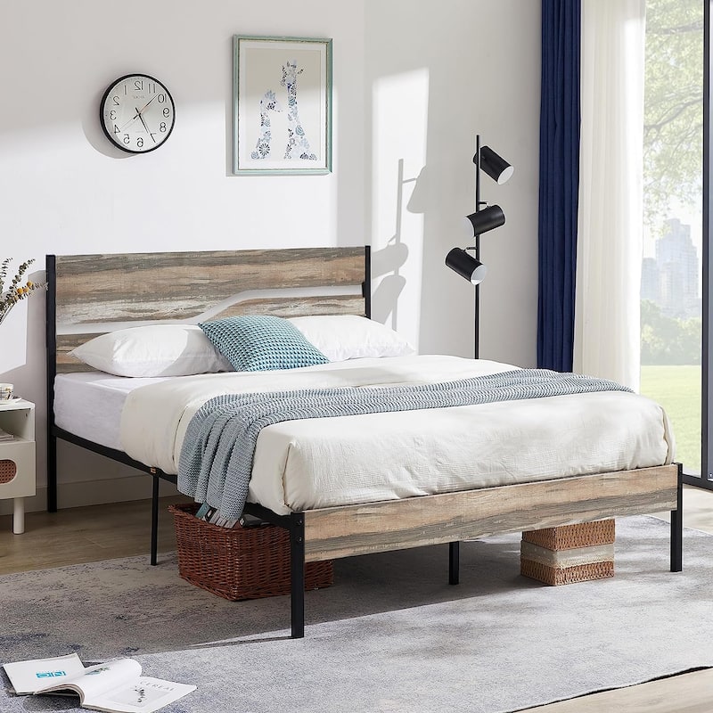 Industrial Metal Bed Frame with Wood Headboard, Twin/Full/Queen Bed