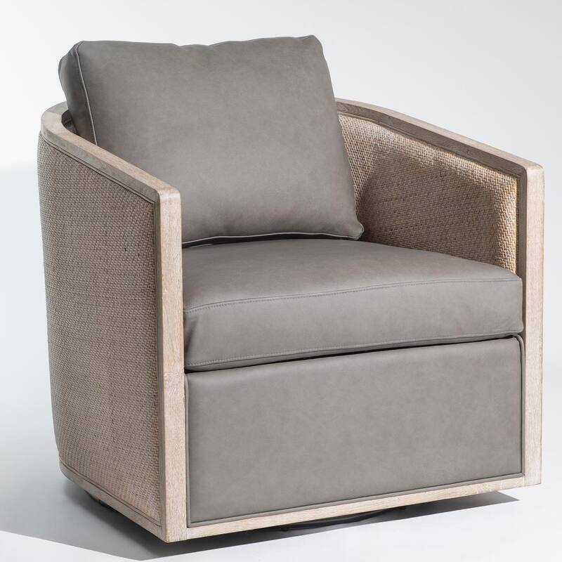 KINWELL 31"W Oak Frame Upholstered Swivel Barrel Armchair - Set of 1 - Grey Genuine Leather