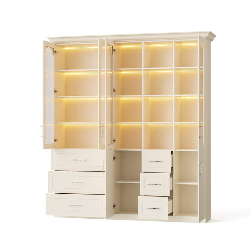 Modular Bookcase with LED Lights, Glass Door Storage Cabinet with Drawers, Large Display Shelving Unit Sideboard