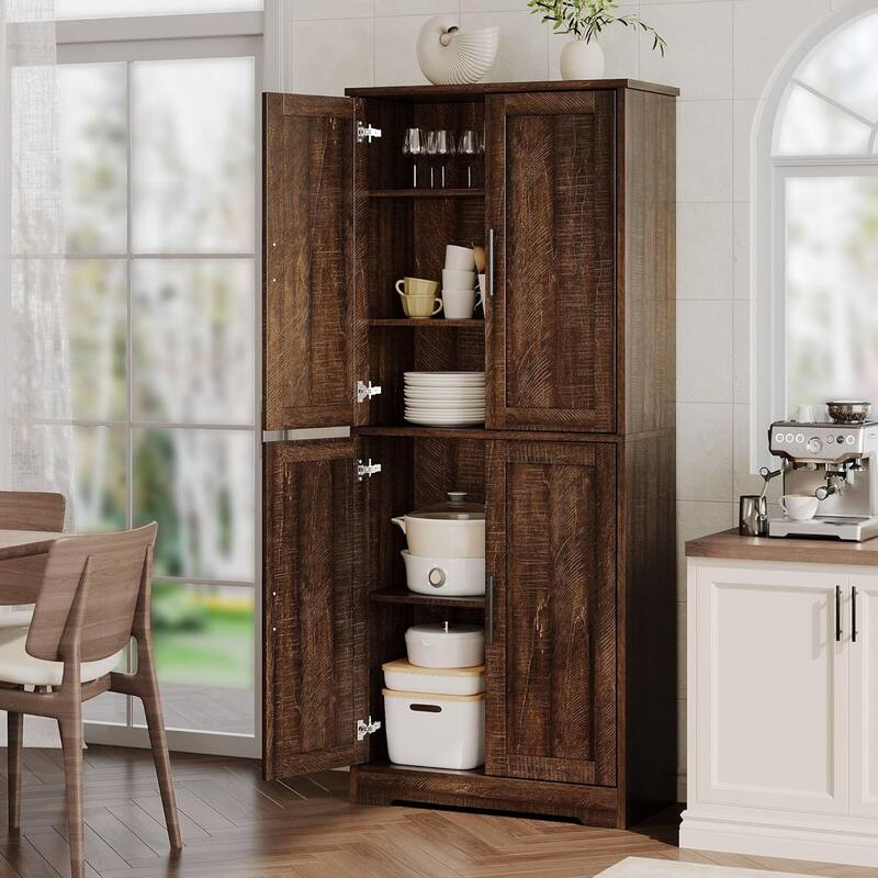 70" Tall Kitchen Pantry Cabinet with 4 Doors and 3 Adjustable Shelves - Reddish Brown